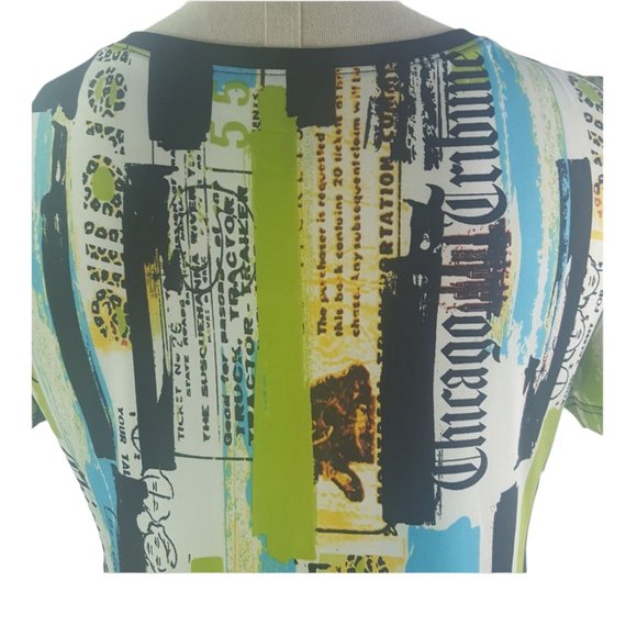 Jean Vincent Women sz S Tunic Shirt Flowy Green blue w/ graphics Made in Canada - Picture 6 of 9